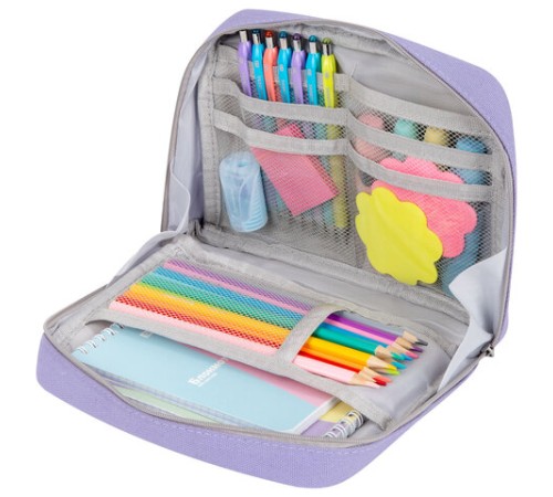 Пенал-органайзер BRAUBERG, 1 отделение, С НАКЛЕЙКАМИ, молния вокруг, канвас, 22x15х6 см, фиолетовый, 273594