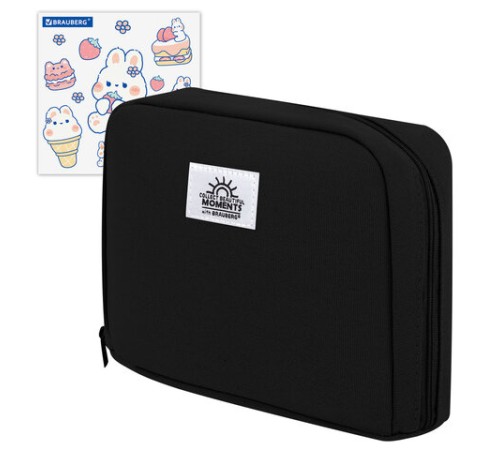 Пенал-органайзер BRAUBERG, 1 отделение, С НАКЛЕЙКАМИ, молния вокруг, канвас, 22x15х6 см, черный, 273596