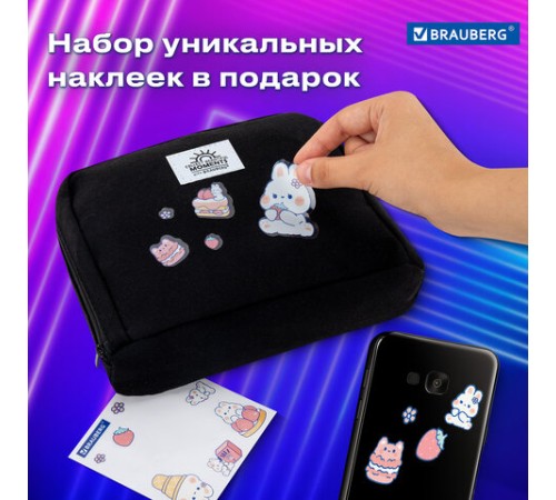 Пенал-органайзер BRAUBERG, 1 отделение, С НАКЛЕЙКАМИ, молния вокруг, канвас, 22x15х6 см, черный, 273596