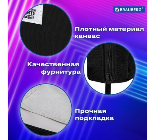 Пенал-органайзер BRAUBERG, 1 отделение, С НАКЛЕЙКАМИ, молния вокруг, канвас, 22x15х6 см, черный, 273596