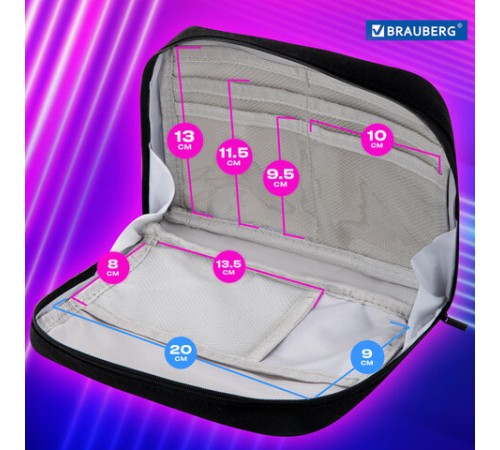 Пенал-органайзер BRAUBERG, 1 отделение, С НАКЛЕЙКАМИ, молния вокруг, канвас, 22x15х6 см, черный, 273596