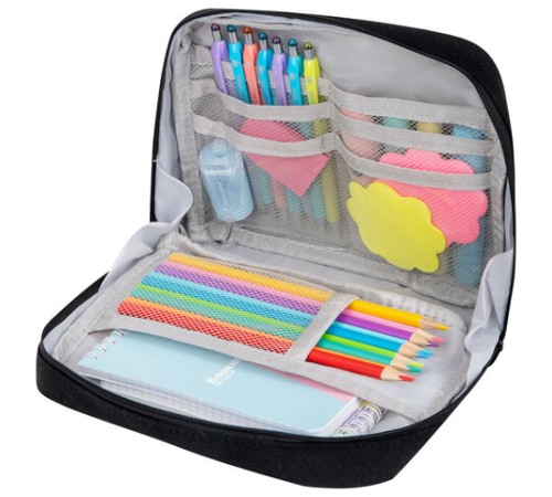 Пенал-органайзер BRAUBERG, 1 отделение, С НАКЛЕЙКАМИ, молния вокруг, канвас, 22x15х6 см, черный, 273596