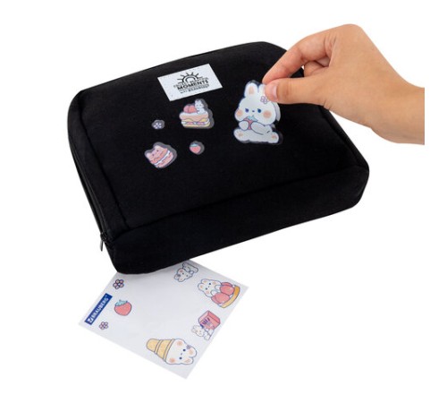 Пенал-органайзер BRAUBERG, 1 отделение, С НАКЛЕЙКАМИ, молния вокруг, канвас, 22x15х6 см, черный, 273596