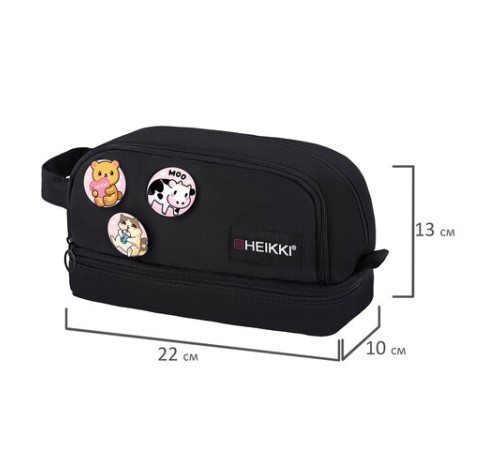 Пенал-органайзер HEIKKI (ХЕЙКИ) с ручкой, значки, 2 отделения, откидная планка, 22x13х10 см, черный, 273599