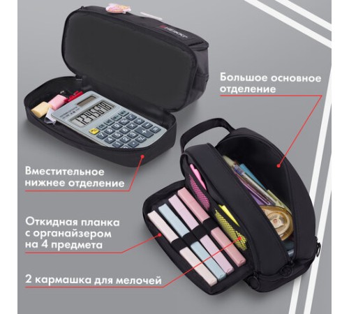 Пенал-органайзер HEIKKI (ХЕЙКИ) с ручкой, значки, 2 отделения, откидная планка, 22x13х10 см, черный, 273599