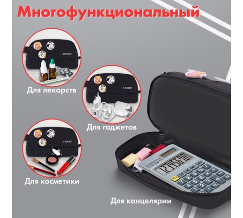 Пенал-органайзер HEIKKI (ХЕЙКИ) с ручкой, значки, 2 отделения, откидная планка, 22x13х10 см, черный, 273599