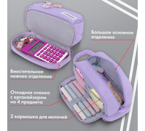 Пенал-органайзер HEIKKI (ХЕЙКИ) с ручкой, значки, 2 отделения, откидная планка, 22x13х10 см, фиолетовый, 273600