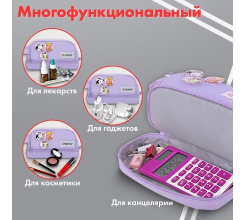 Пенал-органайзер HEIKKI (ХЕЙКИ) с ручкой, значки, 2 отделения, откидная планка, 22x13х10 см, фиолетовый, 273600