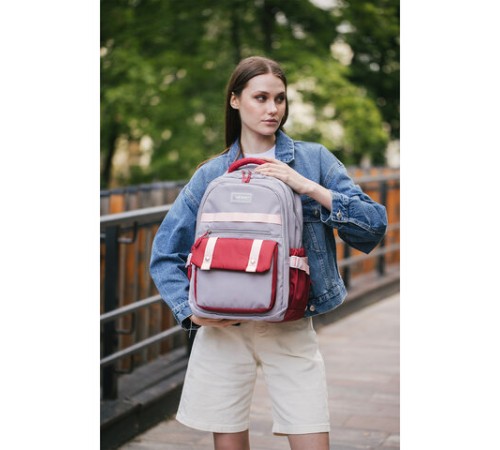 Рюкзак HEIKKI GOODLY (ХЕЙКИ) универсальный, 2 отделения, отделение для ноутбука, серый/красный, 46x33x18 см, 273869