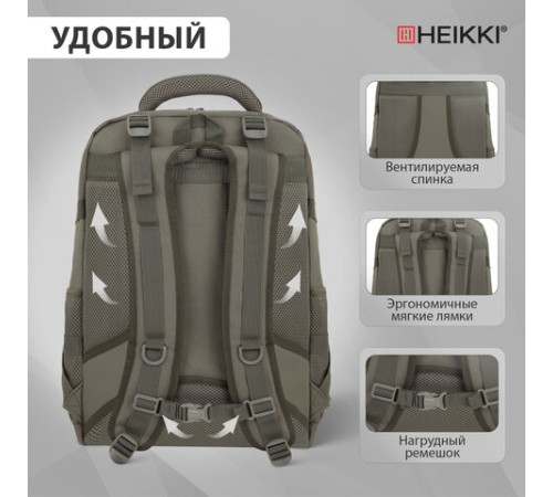 Рюкзак HEIKKI DESERTED (ХЕЙКИ) универсальный, 3 отделения, эргономичный, багажная лента, хаки, 47х33х17 см, 273877