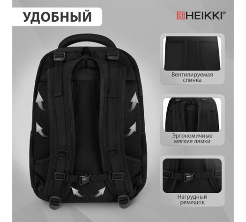 Рюкзак HEIKKI DESERTED (ХЕЙКИ) универсальный, 3 отделения, эргономичный, багажная лента, черный, 47х33х17 см, 273878