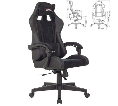 Кресло компьютерное BRABIX "Striker GM-121", синхромеханизм, 2 подушки, экокожа/велюр, черное, 532962