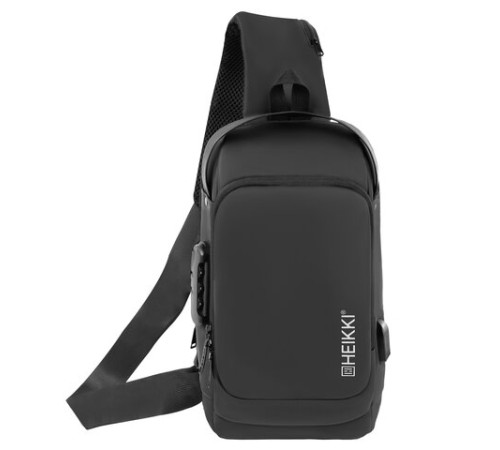 Рюкзак однолямочный HEIKKI FEATURE (ХЕЙКИ), кодовый замок, USB-порт, черный, 32x16x6 см, 273900