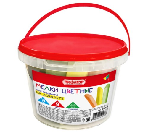 Мел в ведерке для рисования на асфальте 18 штук, ПИФАГОР, цветной квадратный УТОЛЩЕННЫЙ, 274124