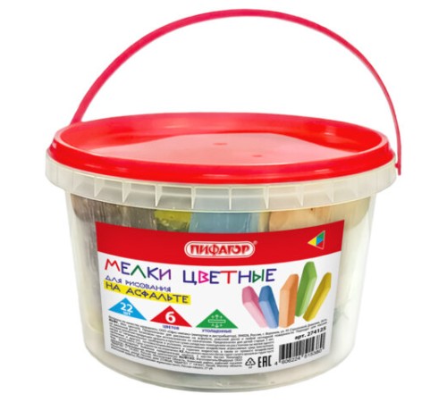 Мел в ведерке для рисования на асфальте 22 штуки, ПИФАГОР, цветной квадратный УТОЛЩЕННЫЙ, 274125