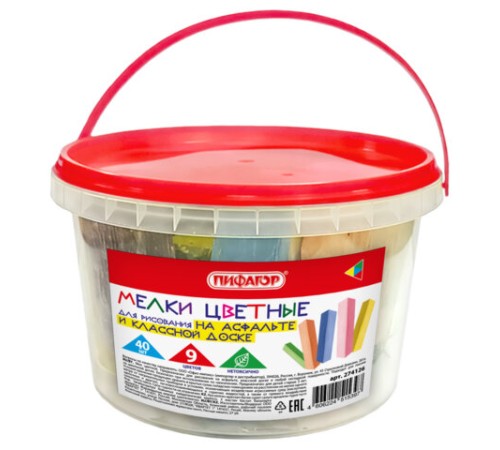 Мел в ведерке для асфальта и классной доски 40 штук, цветной квадратный, ПИФАГОР, 274126