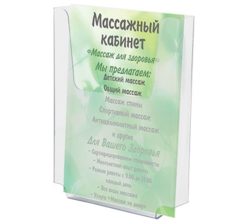 Подставка настенная для рекламных материалов МАЛОГО ФОРМАТА (155х210х30 мм), А5, оргстекло, BRAUBERG, 290433