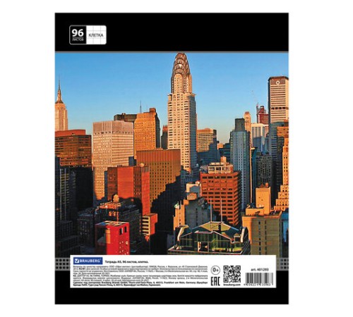 Тетрадь А5, 96 л., BRAUBERG, скоба, клетка, обложка картон, ГОРОДА, 401293