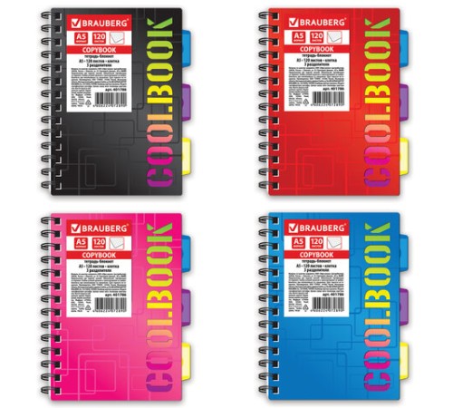 Тетрадь-блокнот 120 л., A5, 148x210 мм, BRAUBERG, клетка, гребень, обложка пластиковая, 3 разделителя, 