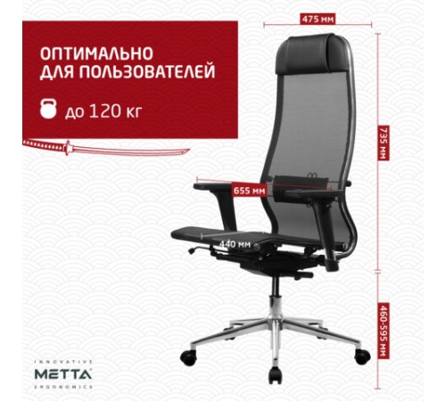 Кресло МЕТТА "ErgoLife" 10 B1-104D, хром, синхромеханизм, 2D-подлокотники, прочная сетка, черное