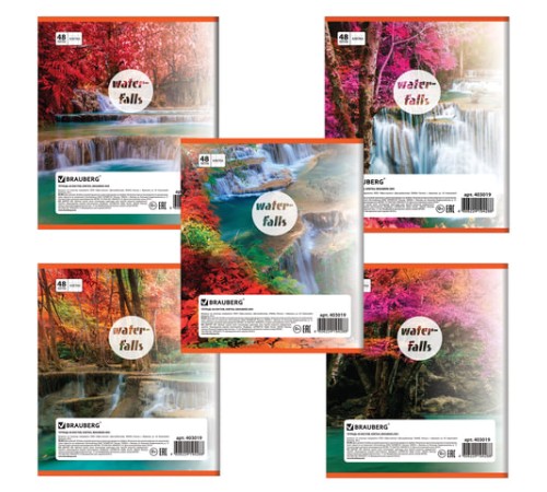 Тетрадь А5, 48 л., BRAUBERG скоба, клетка, обложка картон, ВОДОПАДЫ, 403019