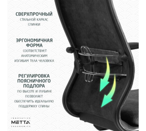 Кресло офисное МЕТТА "L1m 42/2D", хром, 2D-подлокотники, сиденье и спинка мягкие, велюр, темно-серое