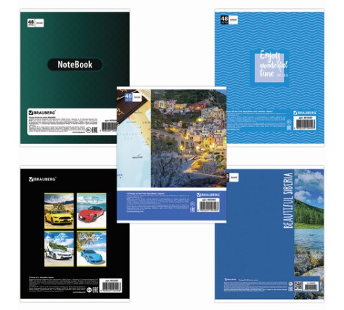 Тетрадь А5, 48 л., BRAUBERG, скоба, линия, обложка картон, МИКС, 403040