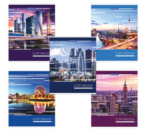 Тетрадь А5, 48 л., BRAUBERG скоба, клетка, металлизированный картон, ГОРОДА МИРА, 403044