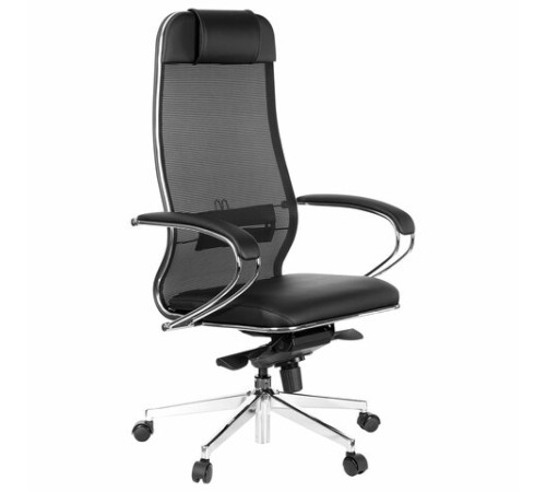 Кресло офисное МЕТТА "ErgoLife" Comfort, хром, сиденье мягкое, ткань-сетка/экокожа, черное
