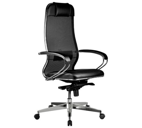 Кресло офисное МЕТТА "ErgoLife" Comfort, хром, сиденье мягкое, ткань-сетка/экокожа, черное