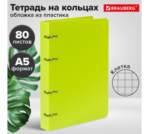 Тетрадь на кольцах А5 160х215 мм, 80 л., пластик, клетка, BRAUBERG, 