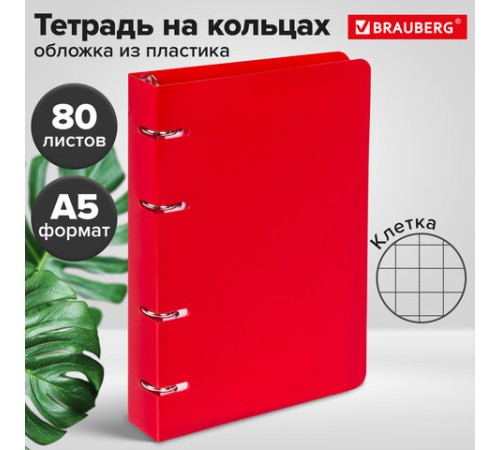 Тетрадь на кольцах А5 160х215 мм, 80 л., пластик, клетка, BRAUBERG, 