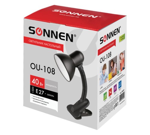 Настольная лампа / светильник SONNEN OU-108, на прищепке, цоколь Е27, черный, 236679