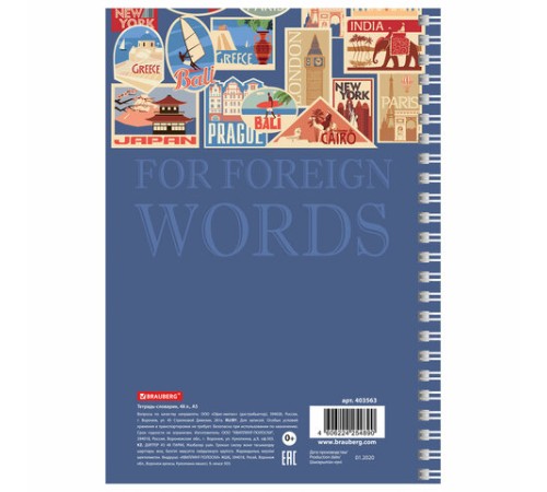 Тетрадь-словарь для записи иностранных слов А5 48 л., гребень, клетка, BRAUBERG, 403563