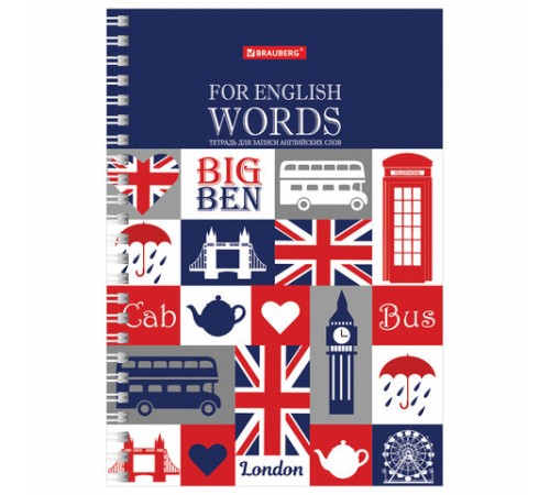 Тетрадь-словарь для записи английских слов А5 48 л., гребень, клетка, BRAUBERG, справка, 403564