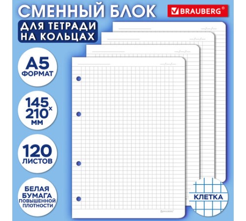 Сменный блок для тетради на кольцах А5 120 л., BRAUBERG, ПОВЫШЕННОЙ ПЛОТНОСТИ, белый, 403638
