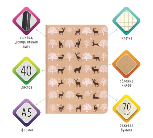 Тетрадь 40 л. в клетку обложка КРАФТ, бежевая бумага 70 г/м2, сшивка, А5 (147х210 мм), NATURE, BRAUBERG, 403758