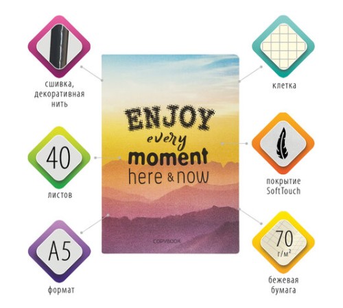 Тетрадь 40 л. в клетку обложка SoftTouch, бежевая бумага 70 г/м2, сшивка, А5 (147х210 мм), ENJOY THE MOMENT, BRAUBERG, 403766