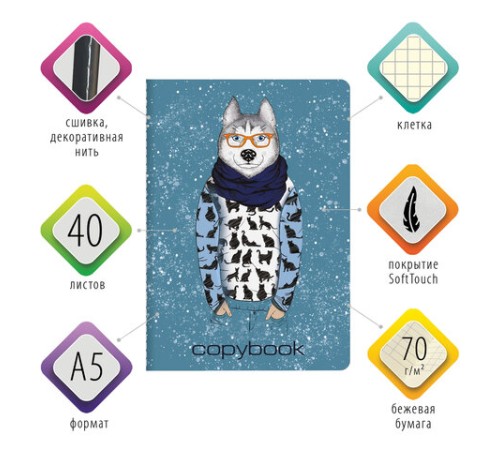 Тетрадь 40 л. в клетку обложка SoftTouch, бежевая бумага 70 г/м2, сшивка, А5 (147х210 мм), ВОЛК В ОЧКАХ, BRAUBERG, 403767