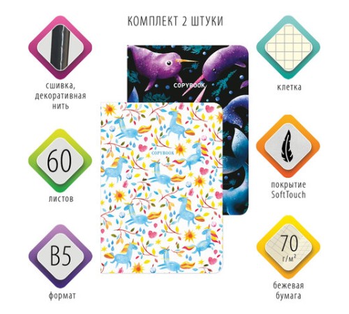 Тетради 60 л. в клетку обложка SoftTouch, НАБОР 2 шт., бежевая бумага 70 г/м2, сшивка, B5 (179х250 мм), FANTASY, BRAUBERG, 403820