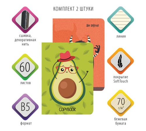 Тетради 60 л. в линию обложка SoftTouch, НАБОР 2 шт., бежевая бумага 70 г/м2, сшивка, B5 (179х250 мм), КОНТРАСТ, BRAUBERG, 403826