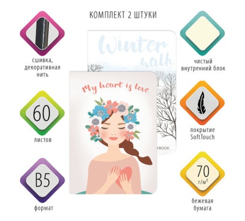 Тетради-скетчбуки 60 л. обложка SoftTouch, НАБОР 2 шт., бежевая бумага 70 г/м2, сшивка, B5 (179х250 мм), ROMANTIC, BRAUBERG, 403832