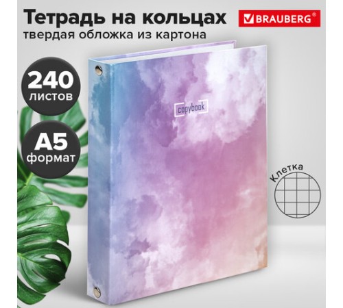 Тетрадь на кольцах А5 (175х215 мм), 240 листов, твердый картон, клетка, BRAUBERG, Cloud, 404094