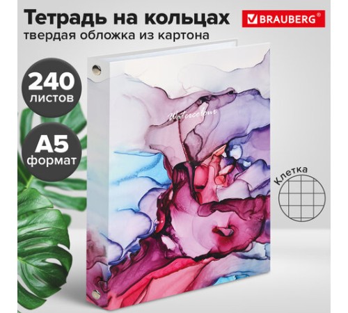 Тетрадь на кольцах А5 (175х215 мм), 240 листов, твердый картон, клетка, BRAUBERG, Акварель, 404096
