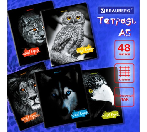 Тетрадь А5, 48 л., BRAUBERG, скоба, клетка, выборочный лак, 