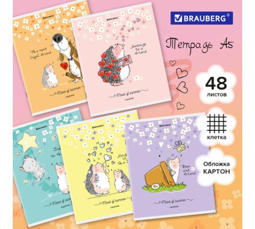 Тетрадь А5 48 л. BRAUBERG скоба, клетка, обложка картон, 