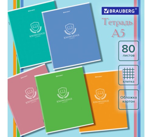 Тетрадь А5, 80 л., BRAUBERG, скоба, клетка, обложка картон, 