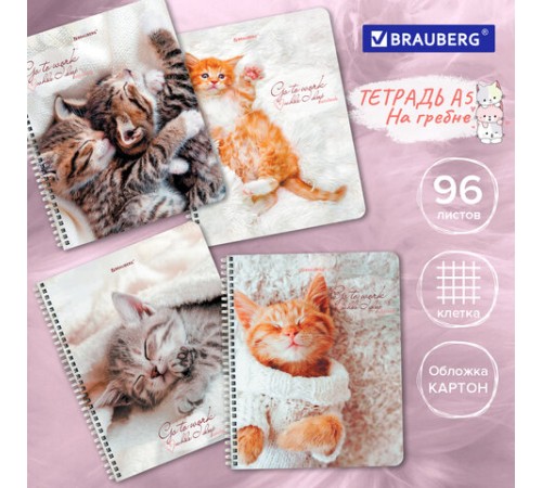Тетрадь А5, 96 л., BRAUBERG, гребень, клетка, обложка картон, 