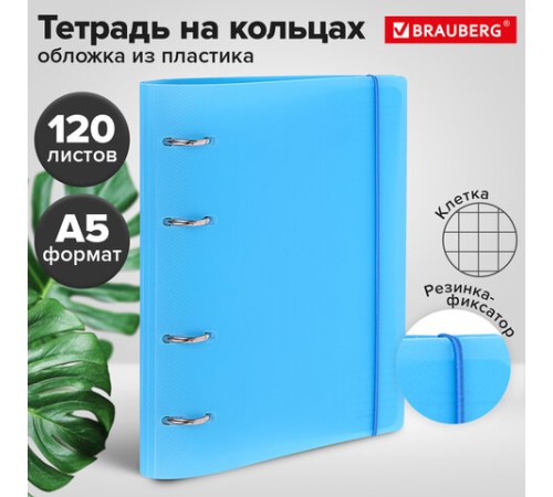 Тетрадь на кольцах А5 175х220 мм, 120 л., пластик, с резинкой, BRAUBERG, Синий, 404617