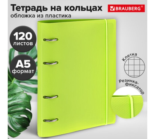 Тетрадь на кольцах А5 175х220 мм, 120 л., пластик, с резинкой, BRAUBERG, Салатовый, 404619
